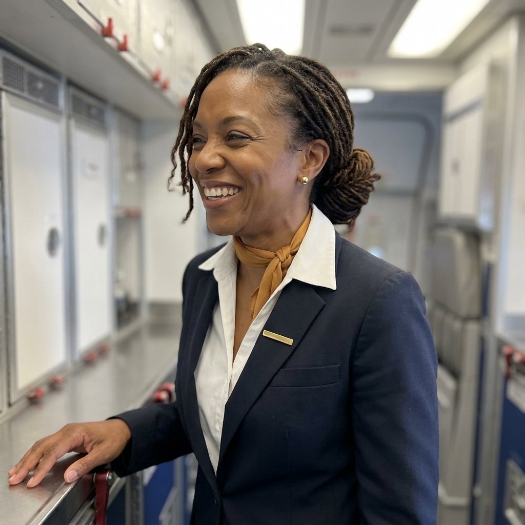 Smiling flight attendant in a navy uniform in an aircraft galley