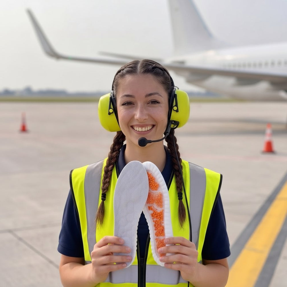 Ground crew member holding a pair of GroundEffect insoles