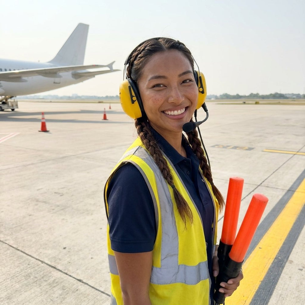 Marshaller holding orange wands on the airport ramp